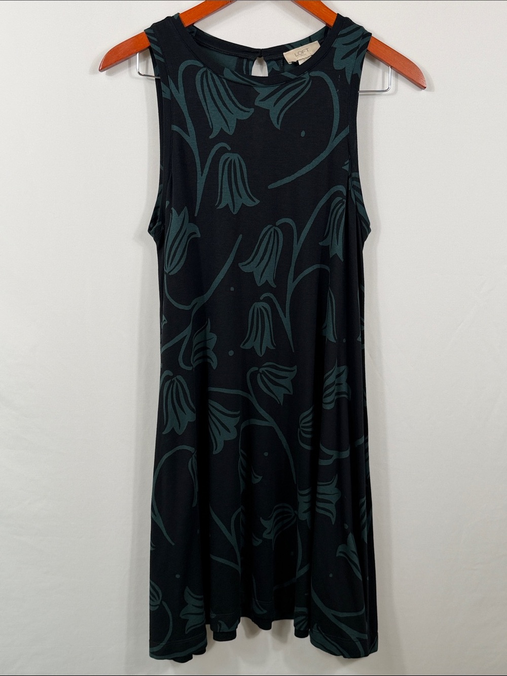 LOFT Black Dress with Teal Floral Print  lightweight. Womens Size M. Stretch